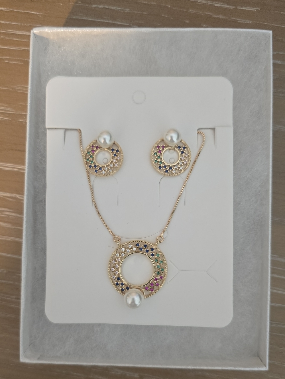 18k Gold Plated Multicolor CZ & Pearl Necklace and Earring Set Nwt In Box